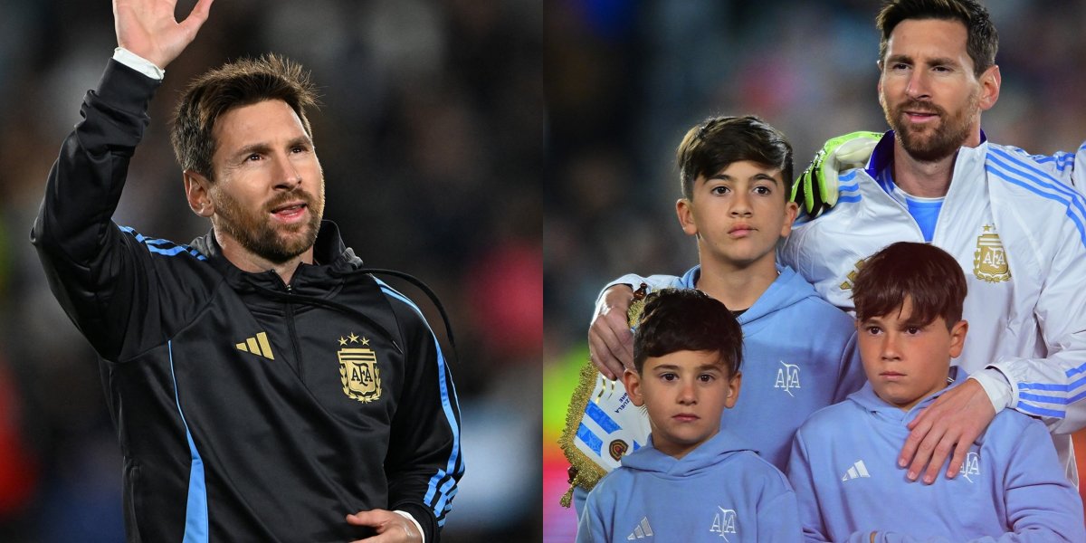 Messi durante aquecimento / Messi com seus filhos durante execução do hino