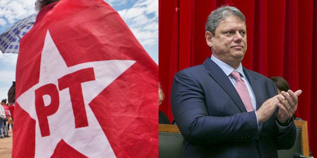 Bandeira representativa do PT e Tarcísio de Freitas
