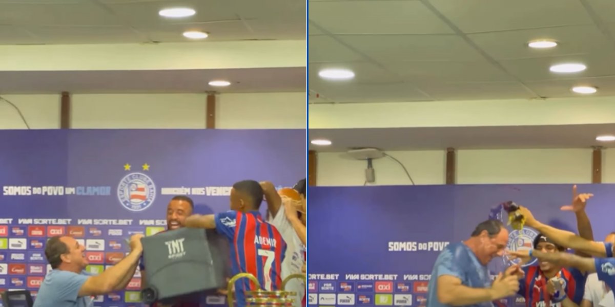 Na comemoração do penta da Copa do Nordeste, jogadores do Bahia surpreendem Rogério Ceni com banho de gelo na coletiva pós jogo