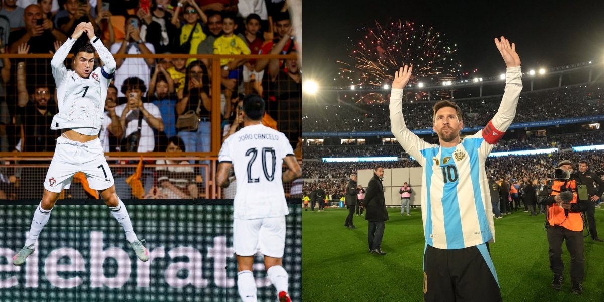 Cristiano Ronaldo comemorando gol / Lionel Messi acenando para torcida