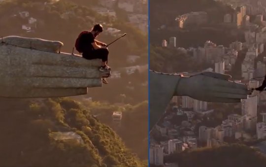 Homem invade Cristo Redentor e salta de paraquedas de cima da estátua