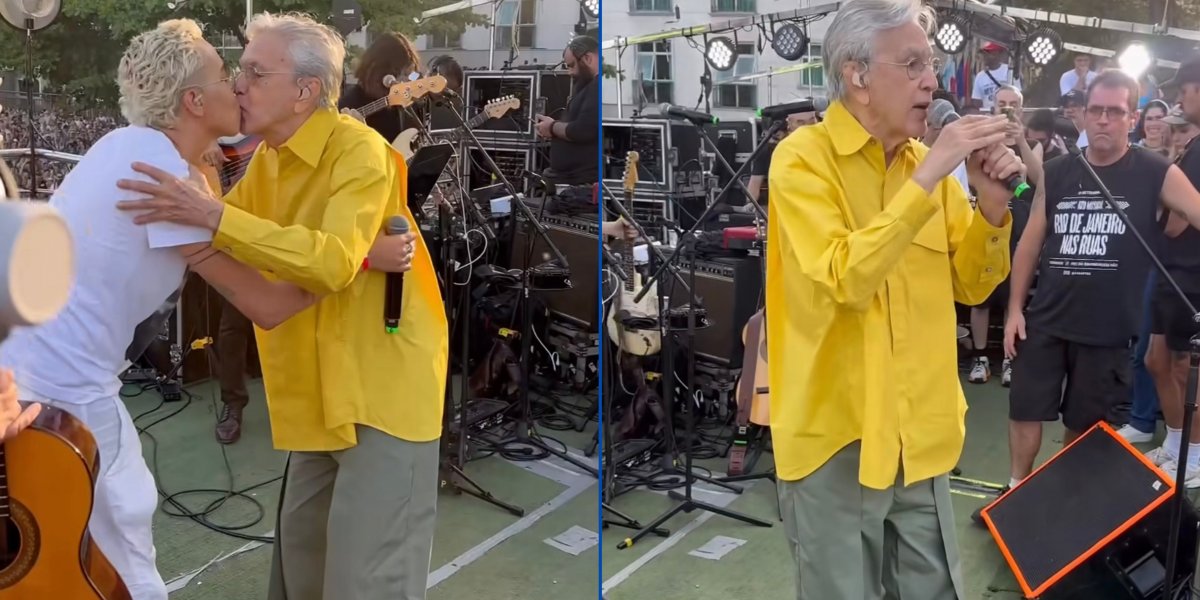 Momento que Caetano e Maria Gadú dão um selinho