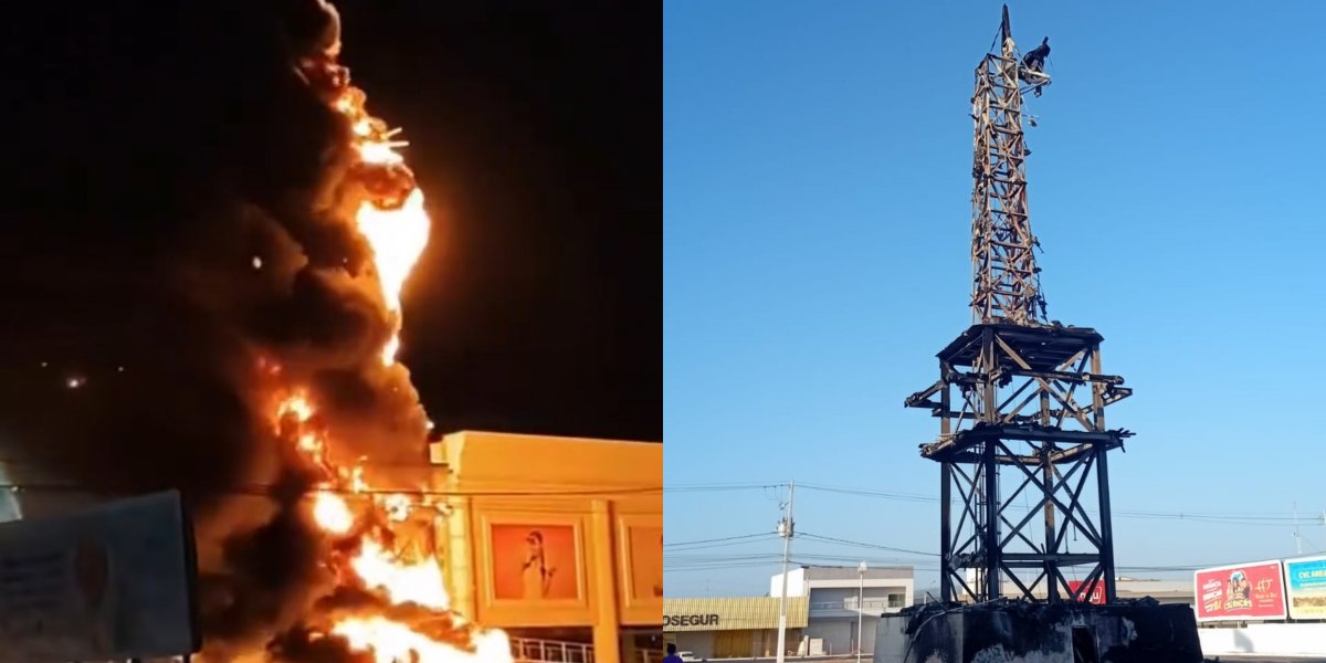 Momento exato do incêndio e o que restou da estátua
