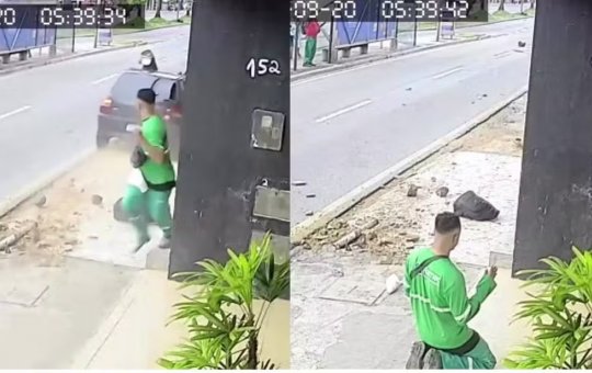 Agente de limpeza escapa de atropelamento e se ajoelha para agradecer: 'livramento'