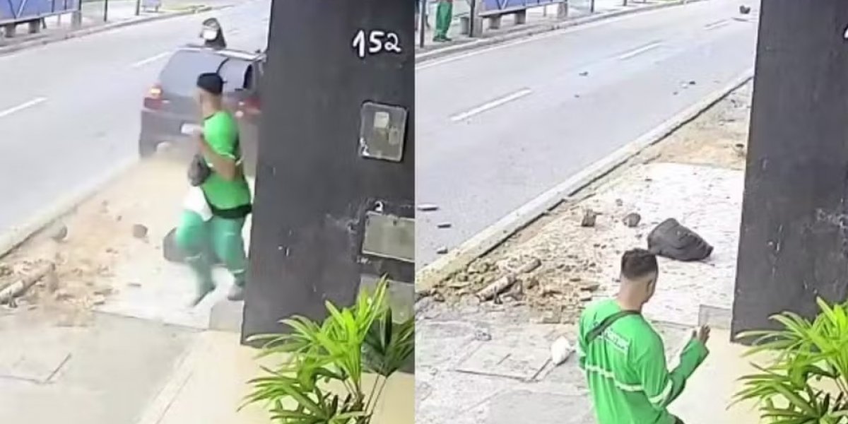 Agente de limpeza escapa de atropelamento e se ajoelha para agradecer: 'livramento'