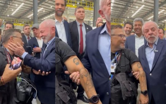 Homem surpreende Lula na Bahia ao exibir tatuagem com o rosto do presidente e declara: “Eu te amo”