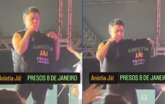 Zezé Di Camargo mostra camisa em pedido de anistia aos condenados por golpe do 8 de janeiro