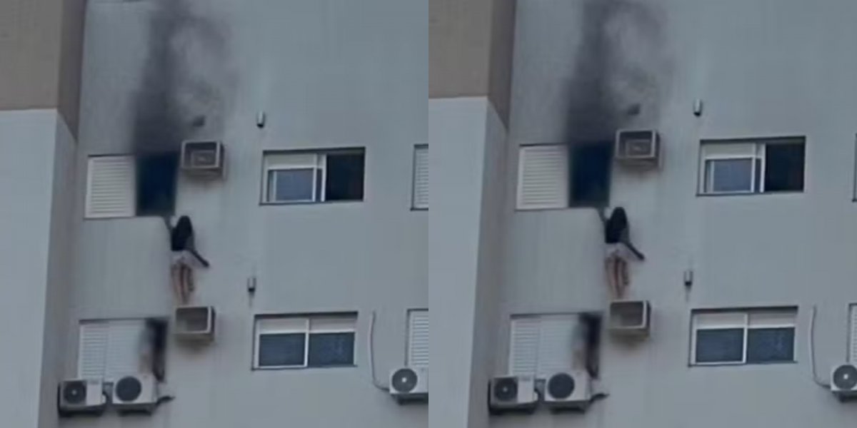 Mulher se pendura em suporte de ar-condicionado para resgatar mãe e criança durante incêndio em prédio 