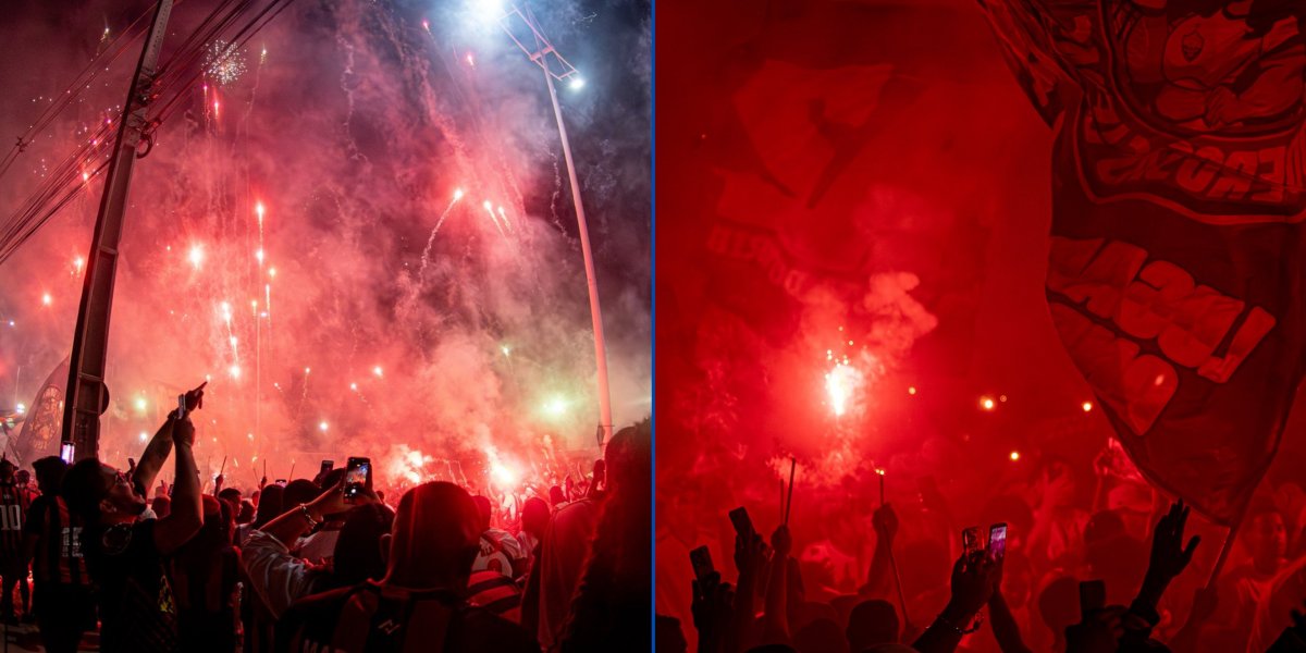 Momento do 'Corredor Rubro-Negro' da torcida do Vitória