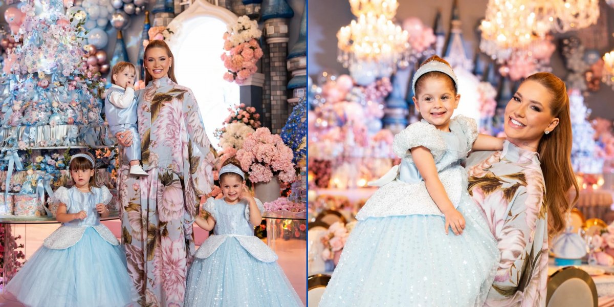 Virgínia com os três filhos na primeira foto e apenas com Maria Flor, aniversariante, na segunda