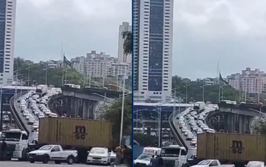 Carreta quebra, fica atravessada na Ladeira do Cabula e trava trânsito no local