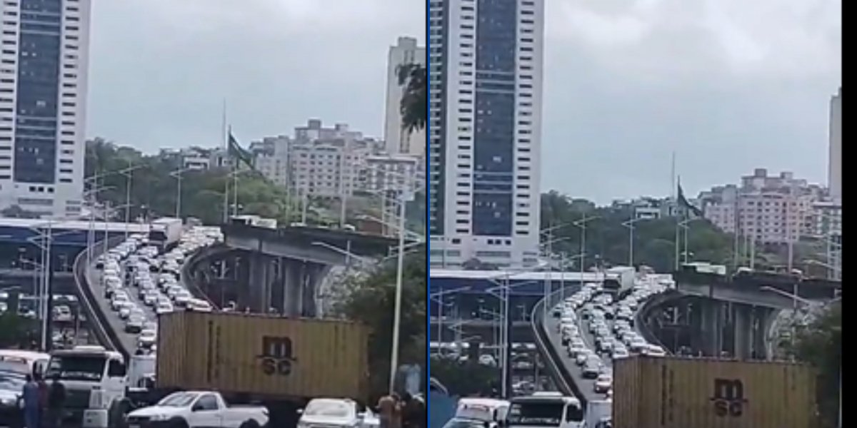Carreta quebra, fica atravessada na Ladeira do Cabula e trava trânsito no local