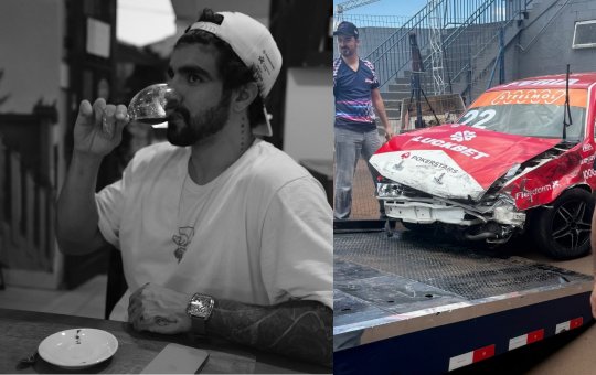 Caio Castro sofre acidente em circuito de corrida e tem carro destruído
