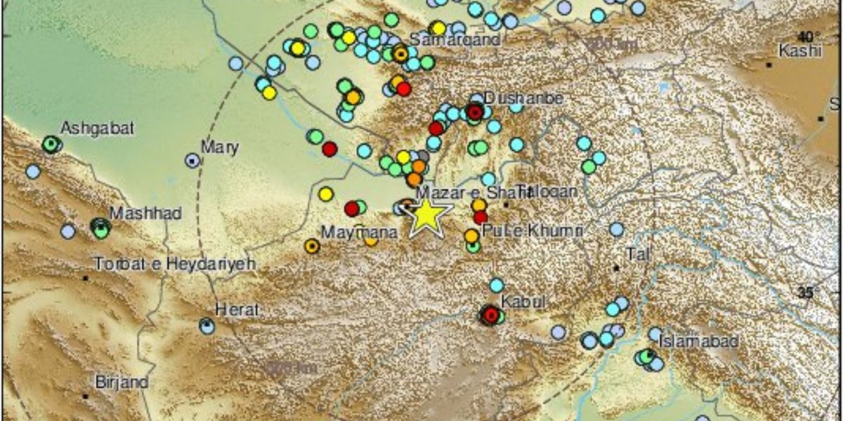 Mapa do terremoto de magnitude 6,3 que atingiu o Afeganistão nesta segunda-feira (3)