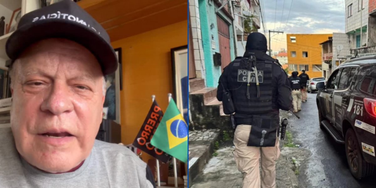 O jornalista Chico Pinheiro, na primeira foto, e um agente da Polícia Civil, na segunda imagem