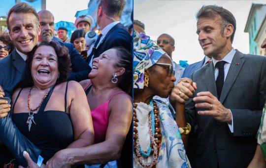 Emmanuel Macron é recebido com abraços e beijos por mulheres durante visita por Salvador