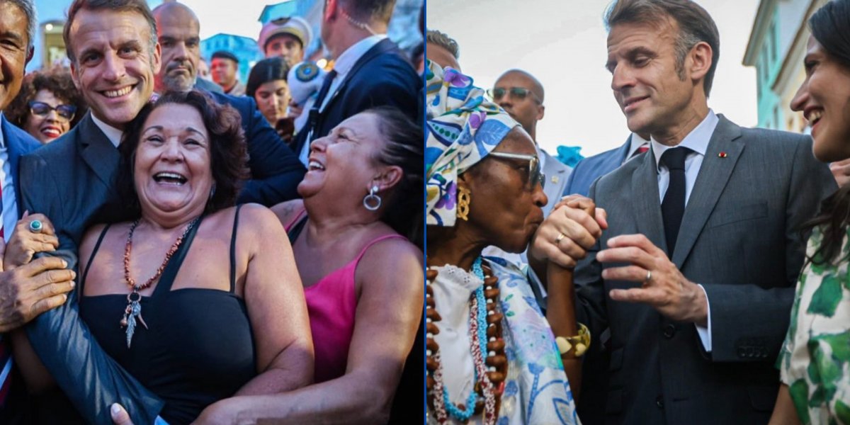 Emmanuel Macron é recebido com abraços e beijos por mulheres durante visita por Salvador