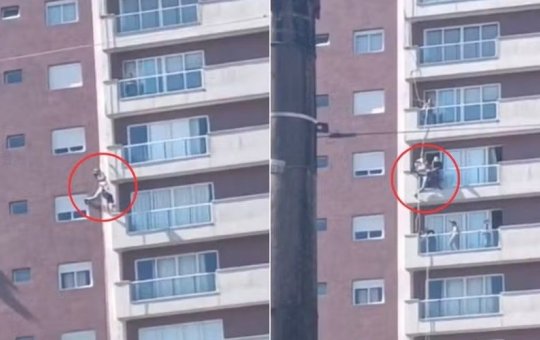 Trabalhador desmaia durante serviço e fica pendurado na fachada de prédio em Santos