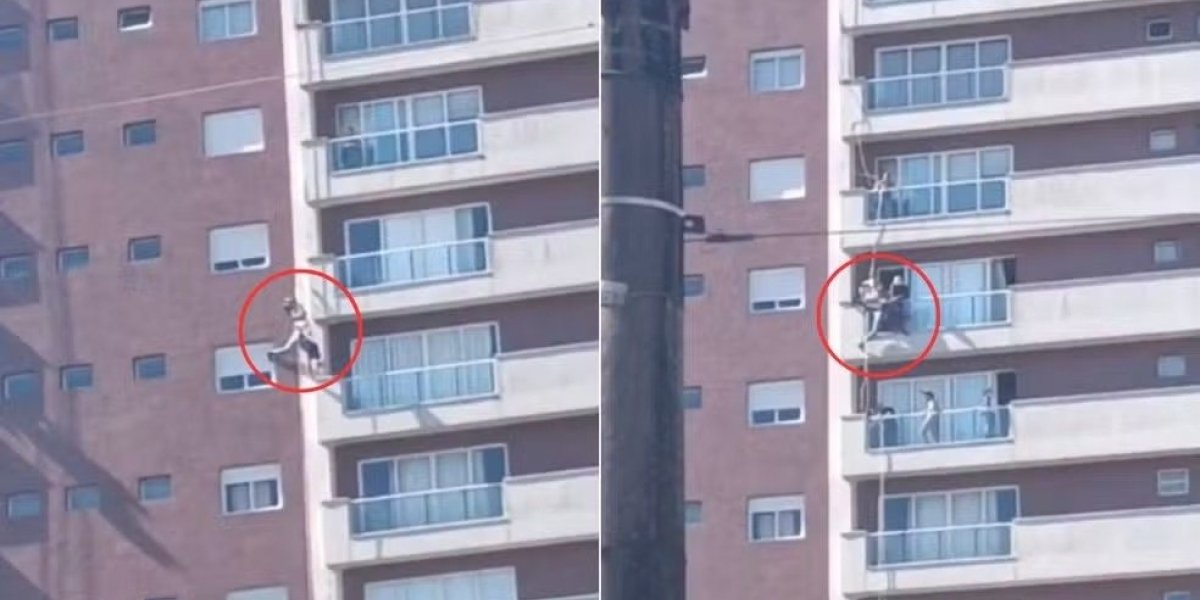 Trabalhador desmaia durante serviço e fica pendurado na fachada de prédio em Santos