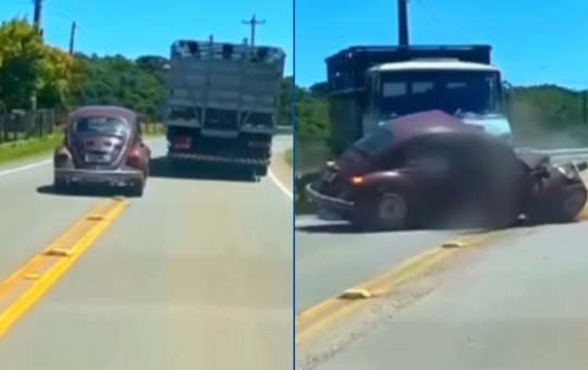 Homem morre em acidente após Fusca colidir de frente com caminhão