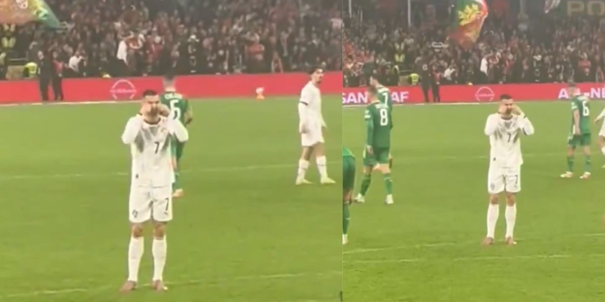 Cristiano Ronaldo zombando dos torcedores antes de ser expulsos