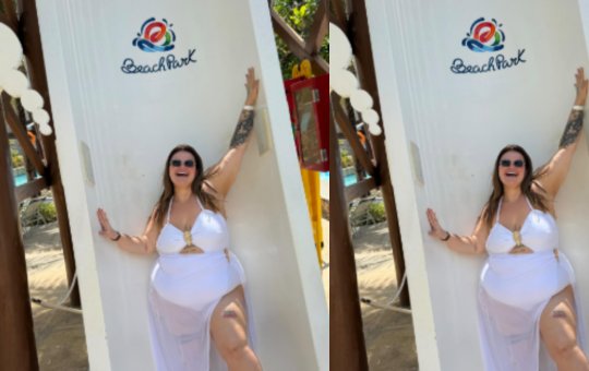 Após emagrecer 75kg, Thais Carla comemora descida em tobogã pela primeira vez