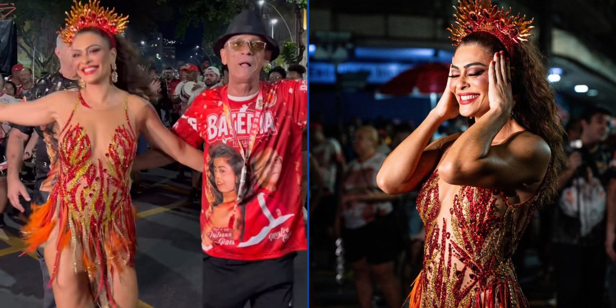 Juliana Paes viraliza ao mostrar samba no pé durante ensaio de rua da Viradouro