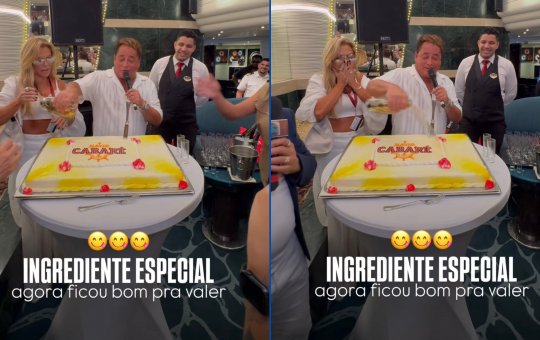 Durante viagem de cruzeiro, Leonardo joga cachaça em bolo e deixa Poliana Rocha em choque