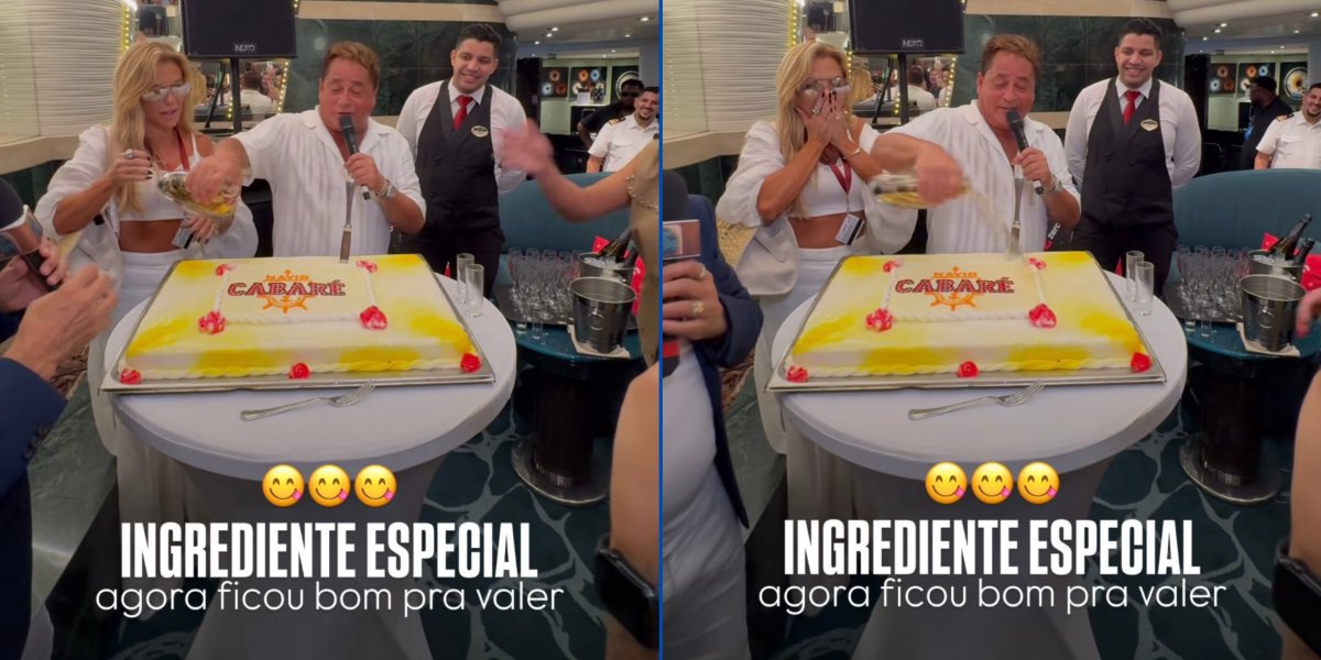 Durante viagem de cruzeiro, Leonardo joga cachaça em bolo e deixa Poliana Rocha em choque