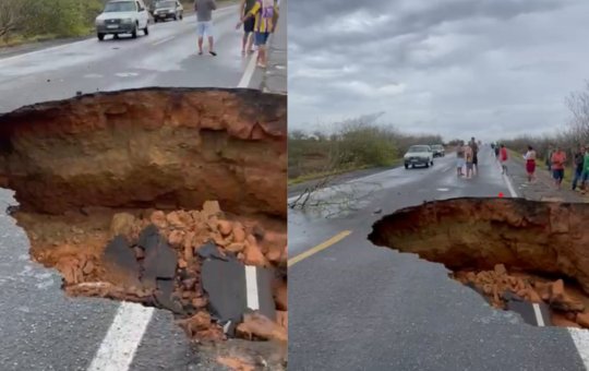 Grande cratera se abre na BR-116 e trecho da rodovia fica totalmente interditado