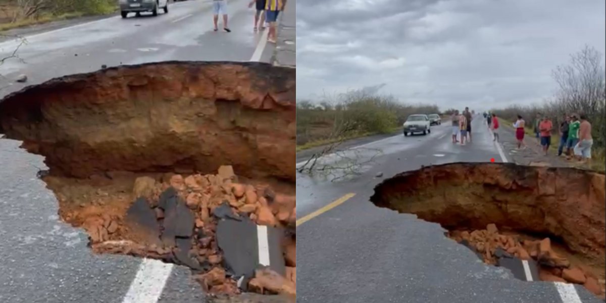 Grande cratera se abre na BR-116 e trecho da rodovia fica totalmente interditado