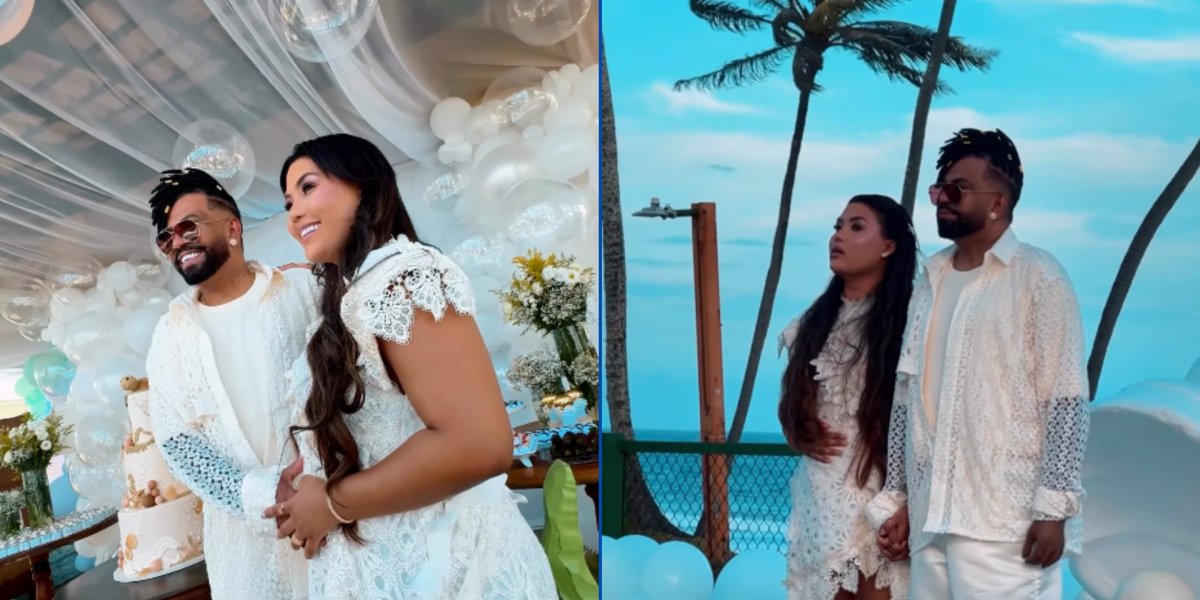 Silvanno Salles e sua esposa Jéssica Dandara fizeram chá reveleção do primeiro filho do casal