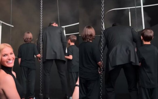 Andressa Suita se emociona após Gusttavo Lima abrir apresentação com os filhos