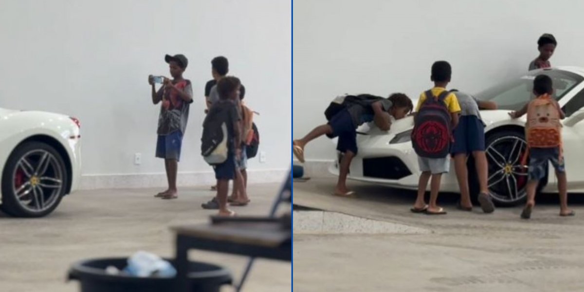 Crianças beijam, abraçam e fazem fotos de uma Ferrari branca