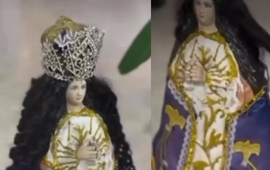 Imagens de santa recebendo chapinha em salão viralizam e dividem opiniões na internet: “O castigo vem”