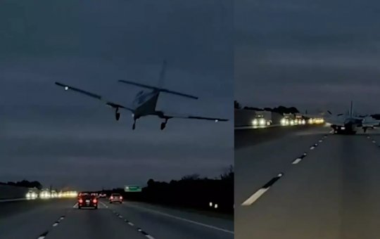 Avião faz pouso de emergência em cima de carro em rodovia nos EUA 
