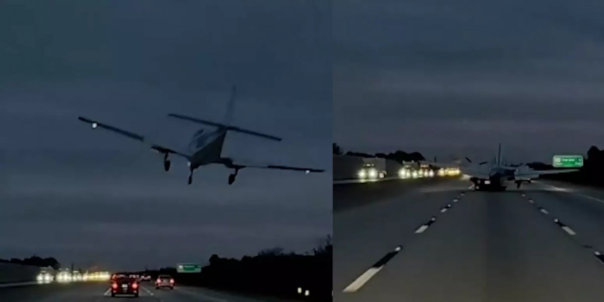 Avião faz pouso de emergência em cima de carro em rodovia nos EUA 