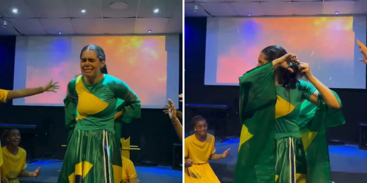 Enrolada na bandeira do Brasil, missionária corta o cabelo em culto e gera polêmica