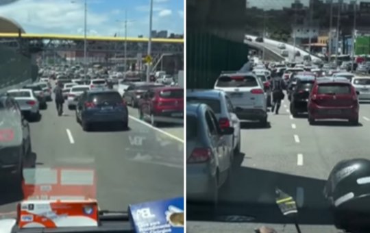 Médico do Samu precisa descer para pista e abrir caminho para ambulância passar com paciente em estado grave