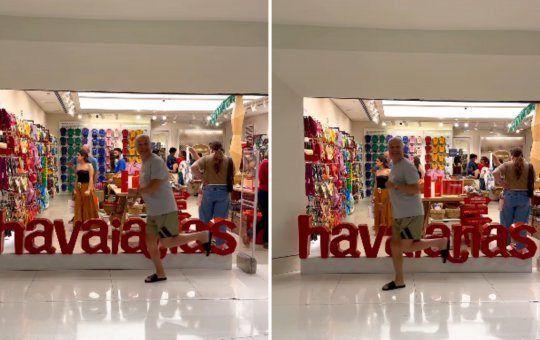 Após polêmica envolvendo a Havaianas, Sikêra Júnior aparece pulando com o pé direito em frente à loja