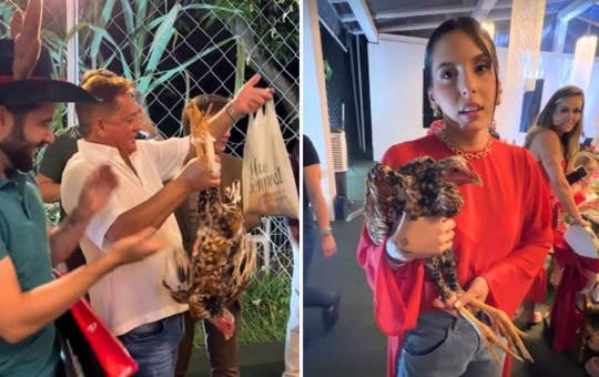 No Natal com a família, Leonardo ganha galinha e litro de pequi e se diverte com a surpresa