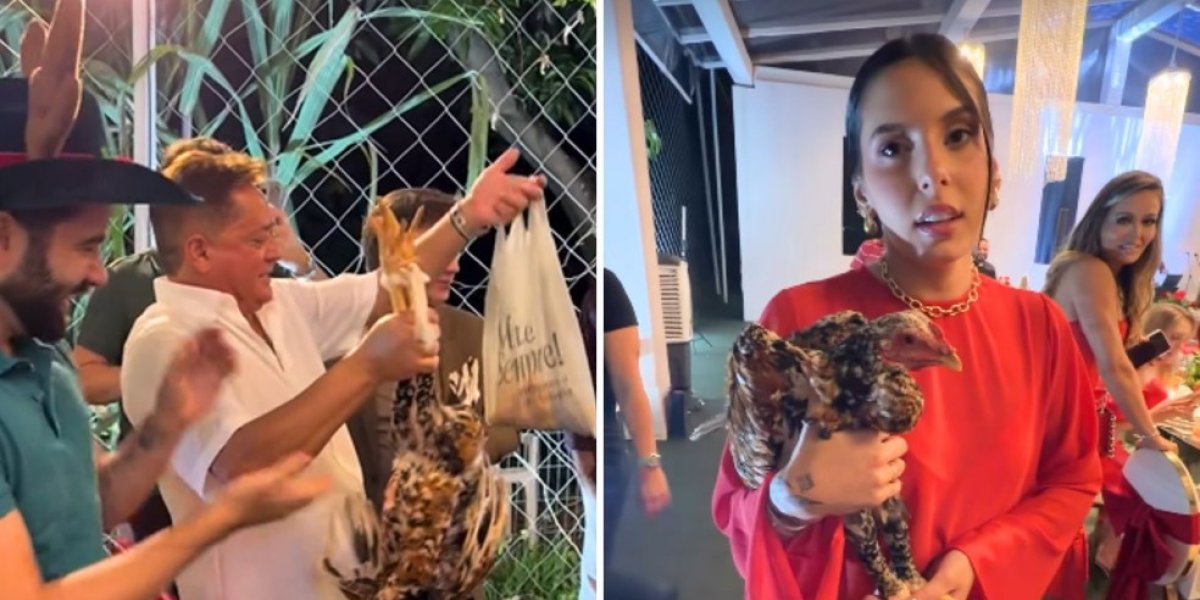 No Natal com a família, Leonardo ganha galinha e litro de pequi e se diverte com a surpresa