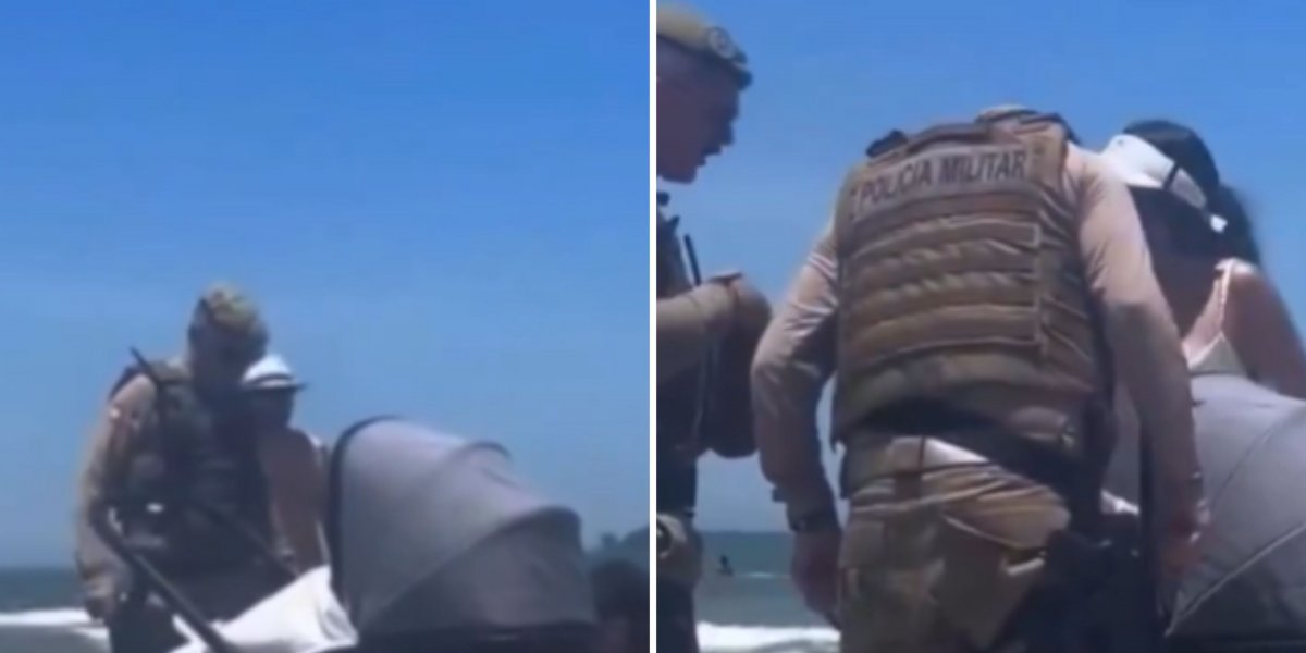 Polícia Militar orienta casal a tirar bebê do sol quente em praia de Balneário Camboriú