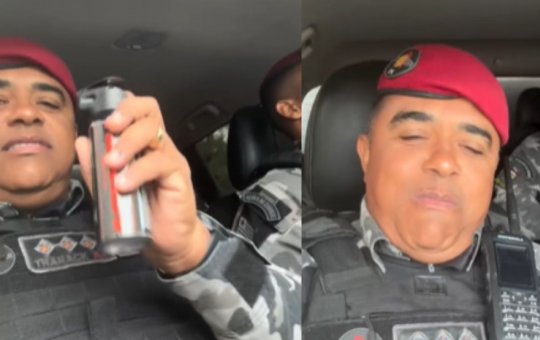Policial usa spray de pimenta em viatura fechada com outros PMs e diz: “cheirar um gasinho”