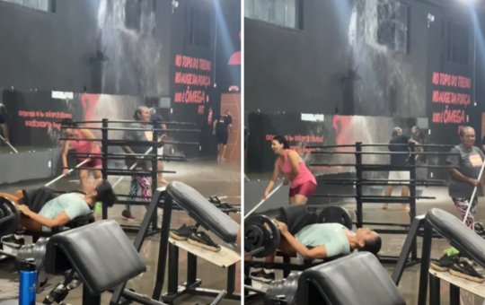Mulher continua treino em academia alagada na Bahia e viraliza na internet