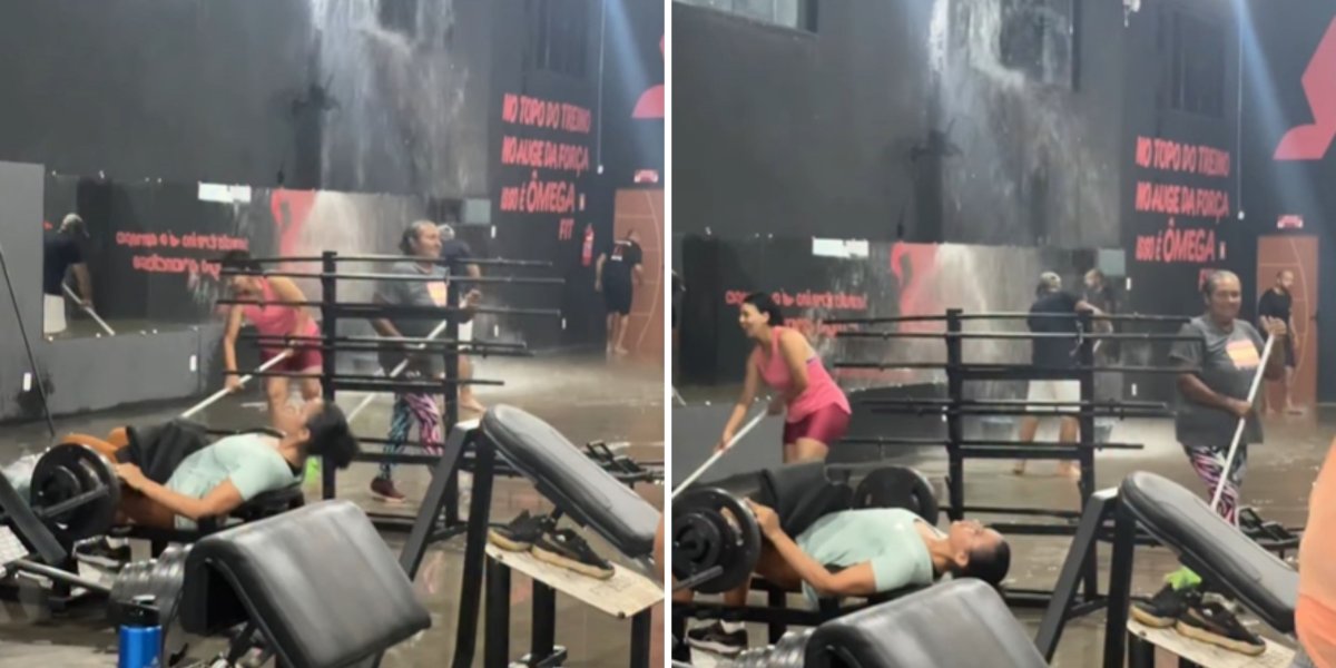 Mulher continua treino em academia alagada na Bahia e viraliza na internet