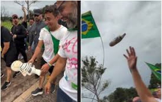 Na sua caminhada para Brasília, Nikolas Ferreira chuta boneco de Lula: "Pelo Brasil"