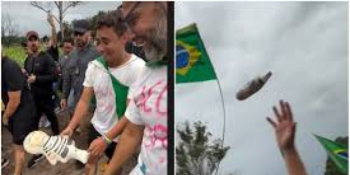 Na sua caminhada para Brasília, Nikolas Ferreira chuta boneco de Lula: "Pelo Brasil"