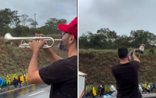 Trompetista toca berrante em meio a 'caminhada da liberdade' liderada por Nikolas Ferreira