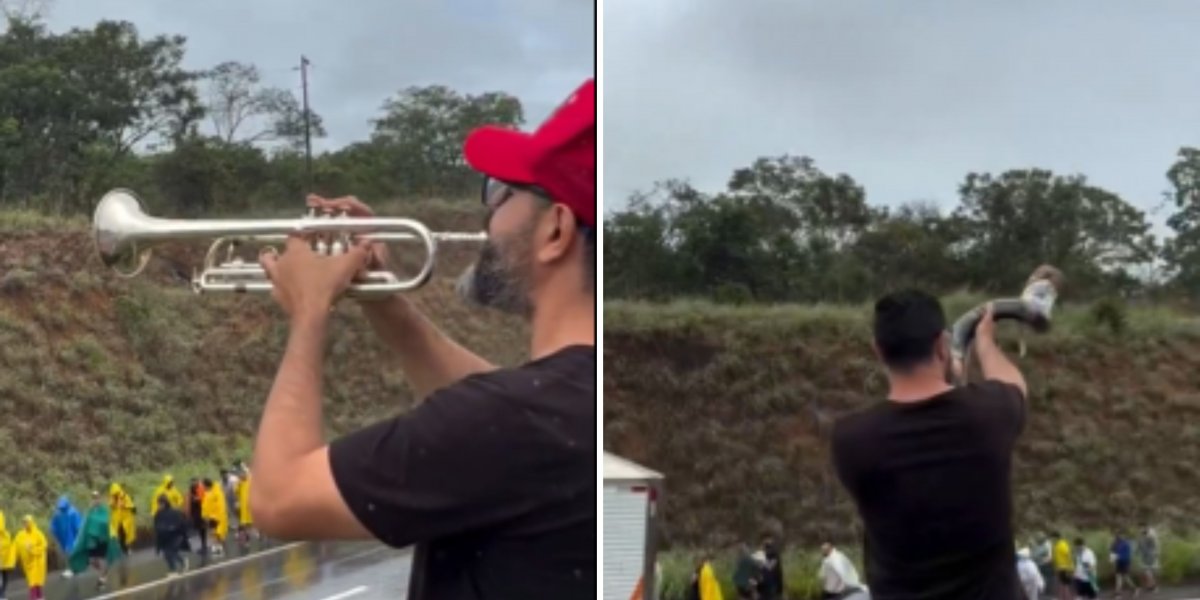 Trompetista toca berrante em meio a 'caminhada da liberdade' liderada por Nikolas Ferreira